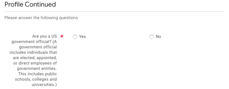 Google Cloud Next Registration：アメリカ政府機関の所属に関する項目