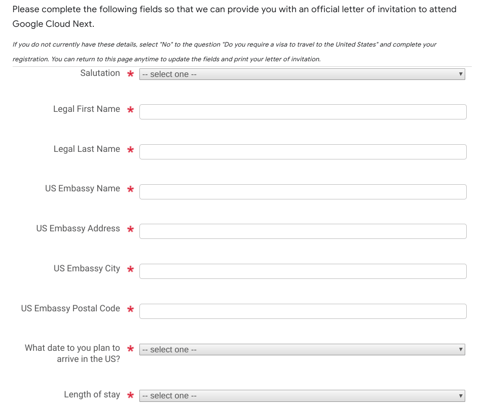 Google Cloud Next Registration：米国入国に関する項目