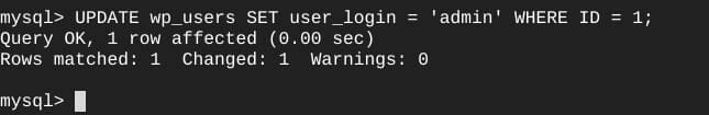 ターミナル：MySQL：ユーザー1 のユーザ名を変更完了