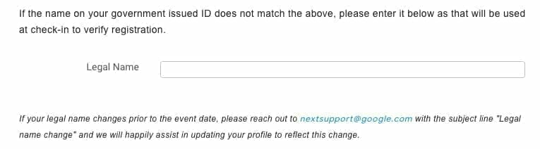 Google Cloud Next Registration：バッチ名と身分証明書が一致しなかった際に使用される正式名称に関する項目