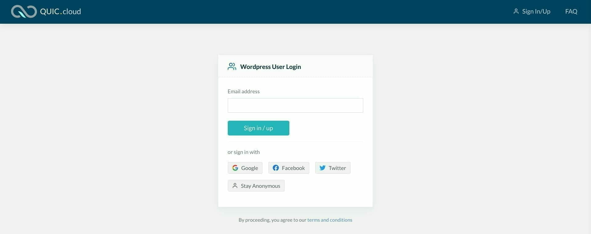 QUIC.cloud：ログイン画面
