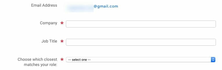Google Cloud Next Registration：メールアドレス、所属する会社名、役職、役職に近い役割 に関する項目