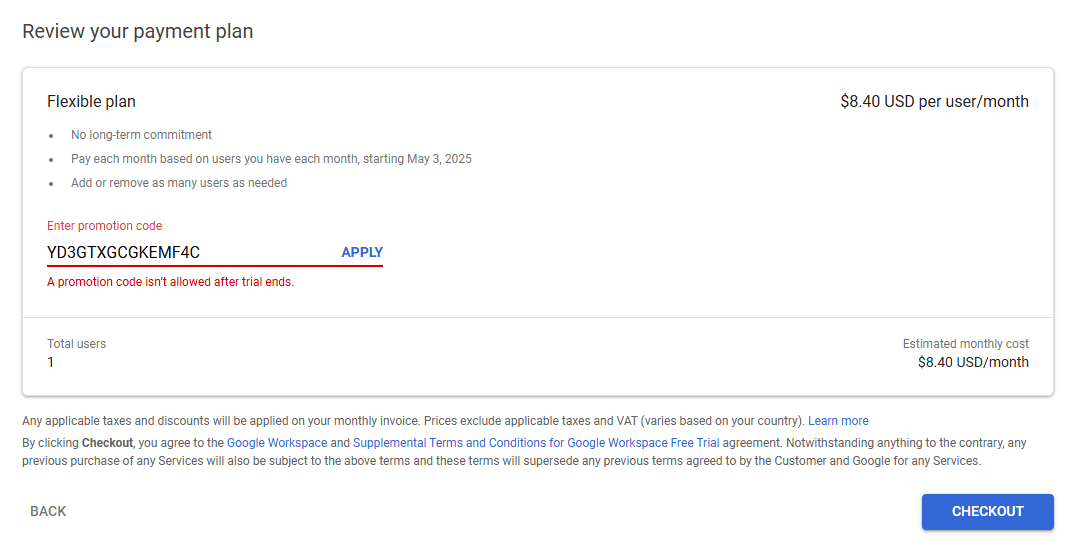 [Google Workspace] Promotion code cannot be applied