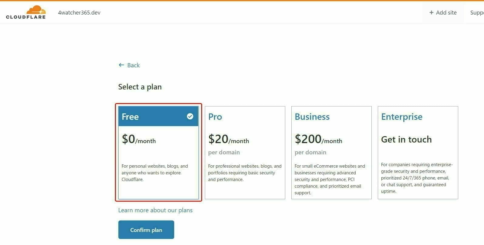 Cloudflare 設定:プラン の選択