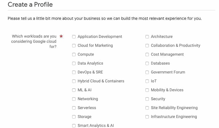 Google Cloud Next Registration：希望するGoogle Cloud  ソリューションに関する項目