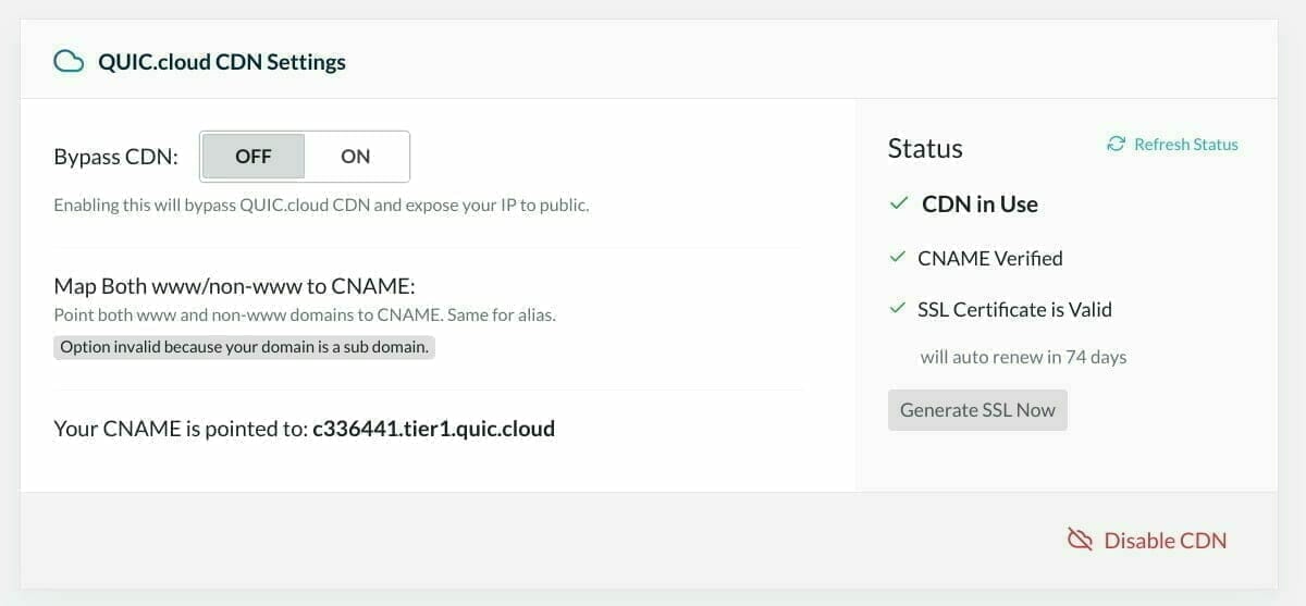 QUIC.cloud：CDN を有効完了