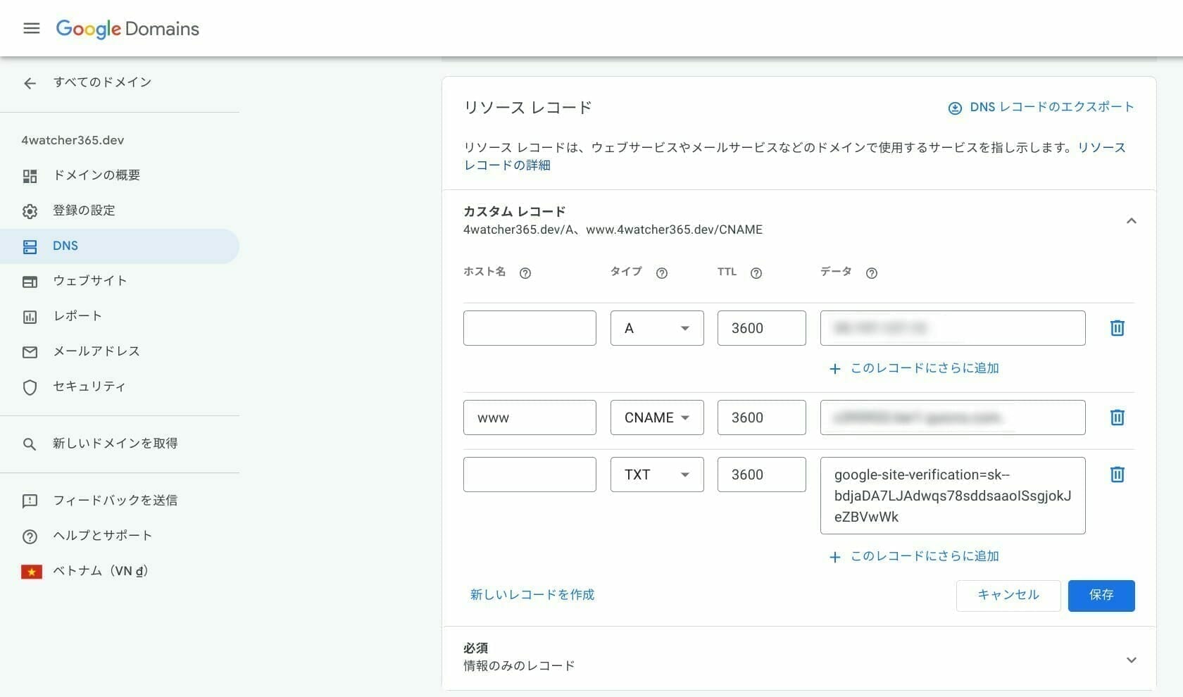 Google ドメイン:TXT レコードの追加