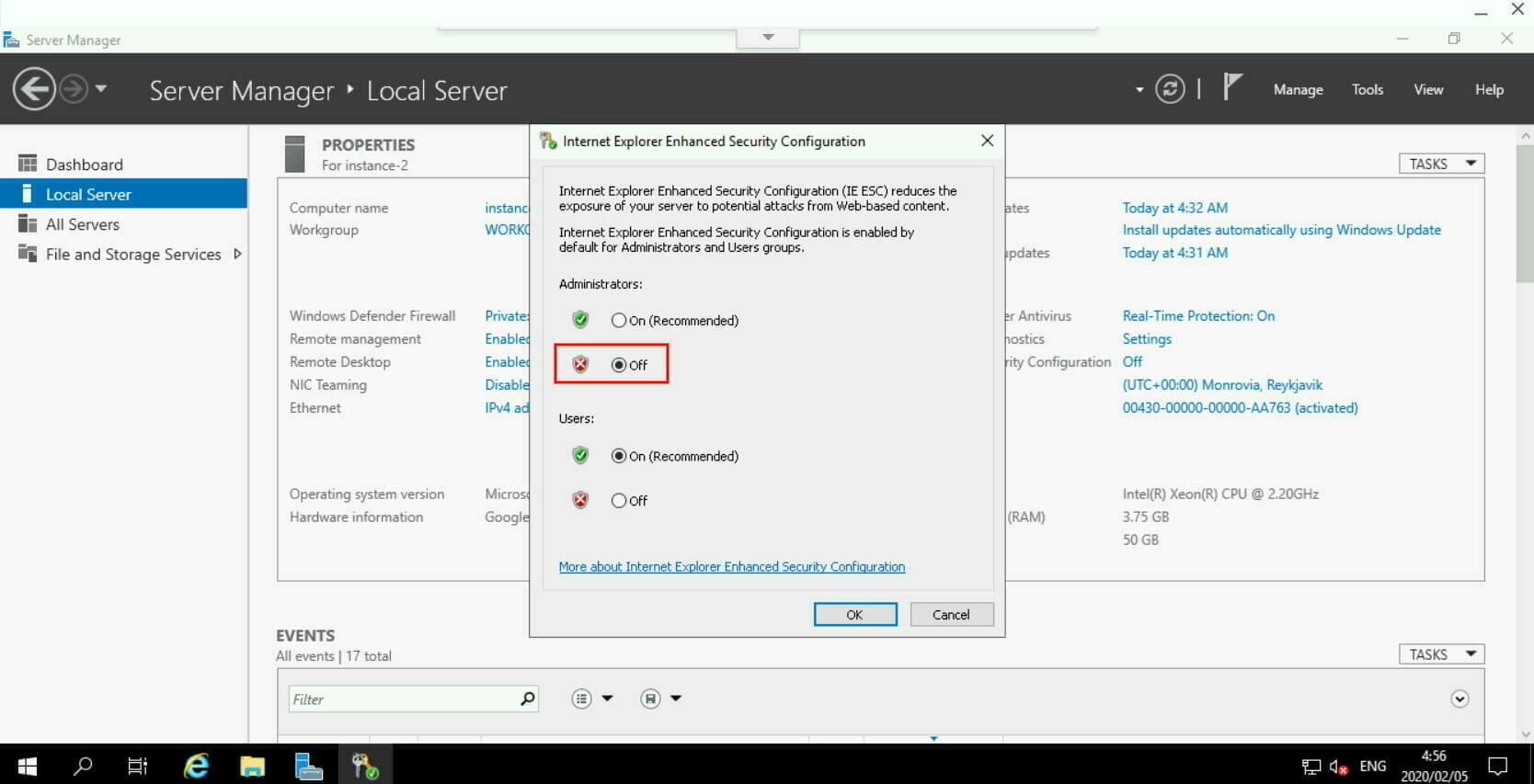 Internet Explorer セキュリティ強化の構成を無効に設定
