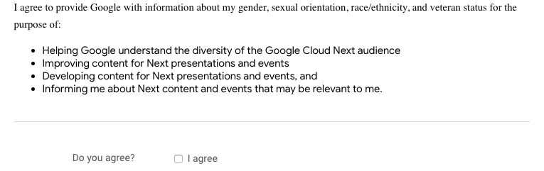 Google Cloud Next Registration：性別、人種/民族、性的嗜好 などの 情報提供に関する項目
