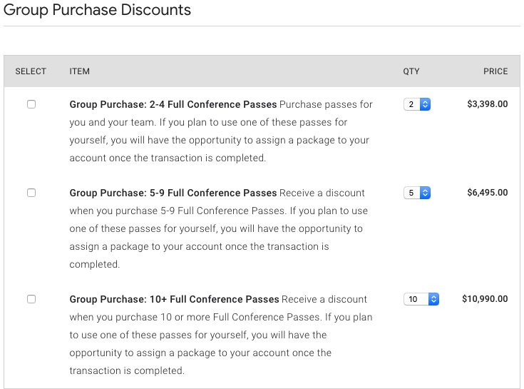 Google Cloud Next Registration：グループ割引 チケットの項目