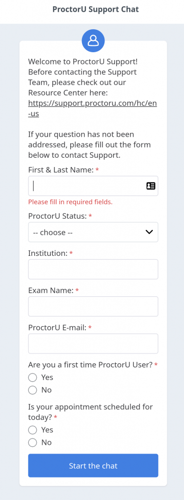 Proctor U:Support Chat