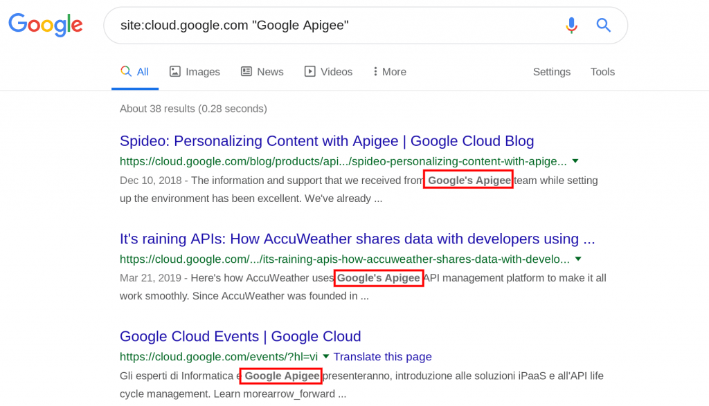 Google Apigee の検索結果画面