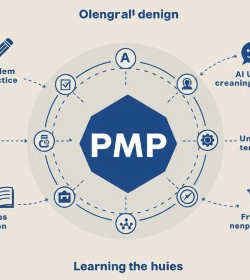 PMP試験合格への学習ロードマップを示すインフォグラフィック。中央のPMPロゴから、「問題演習」「AI活用」「用語理解」「合格」へと続く、主要な学習ステップが円状に分かりやすく描かれた図