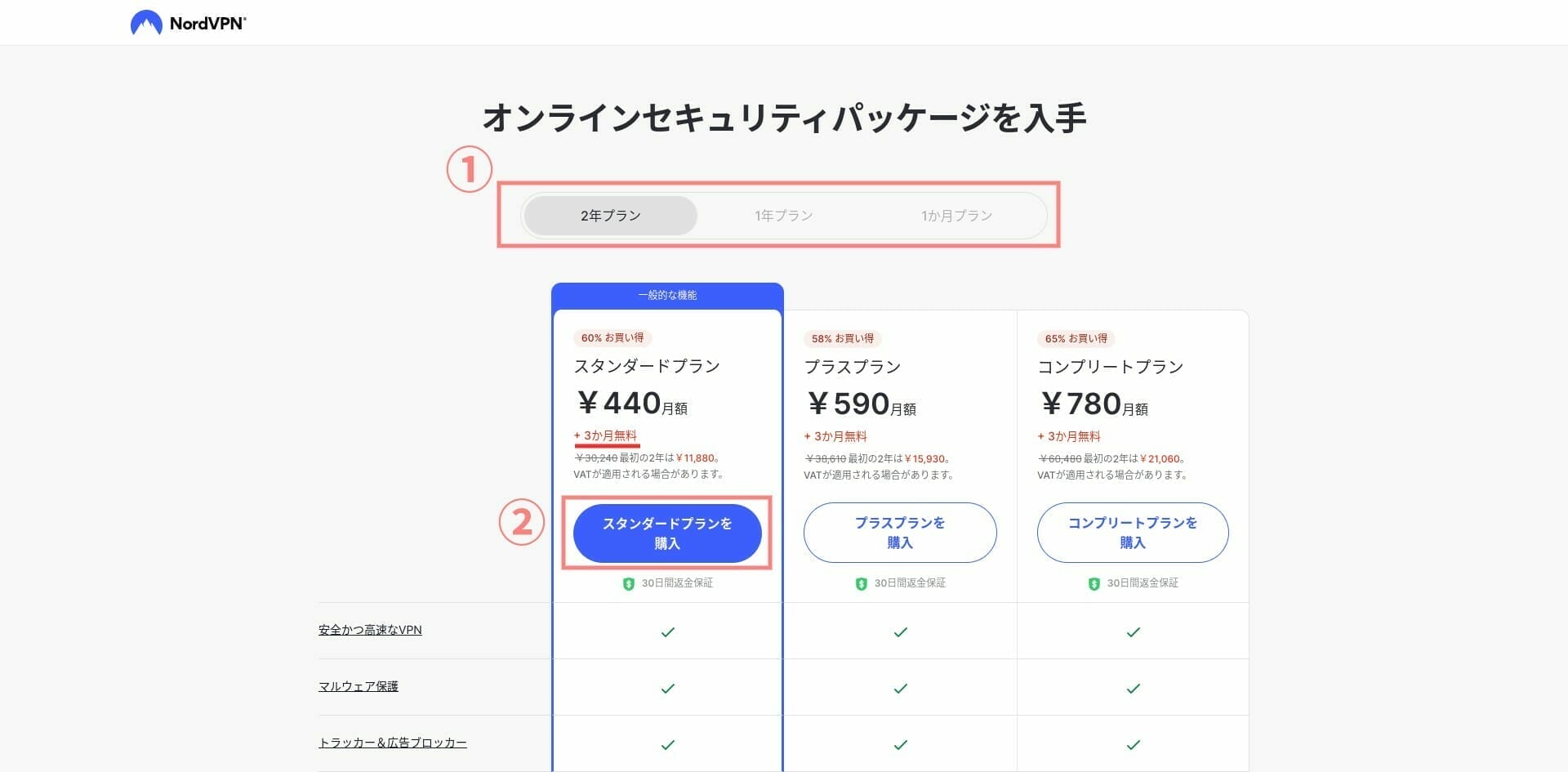 NordVPN:アカウントの利用期間とプランを選択する