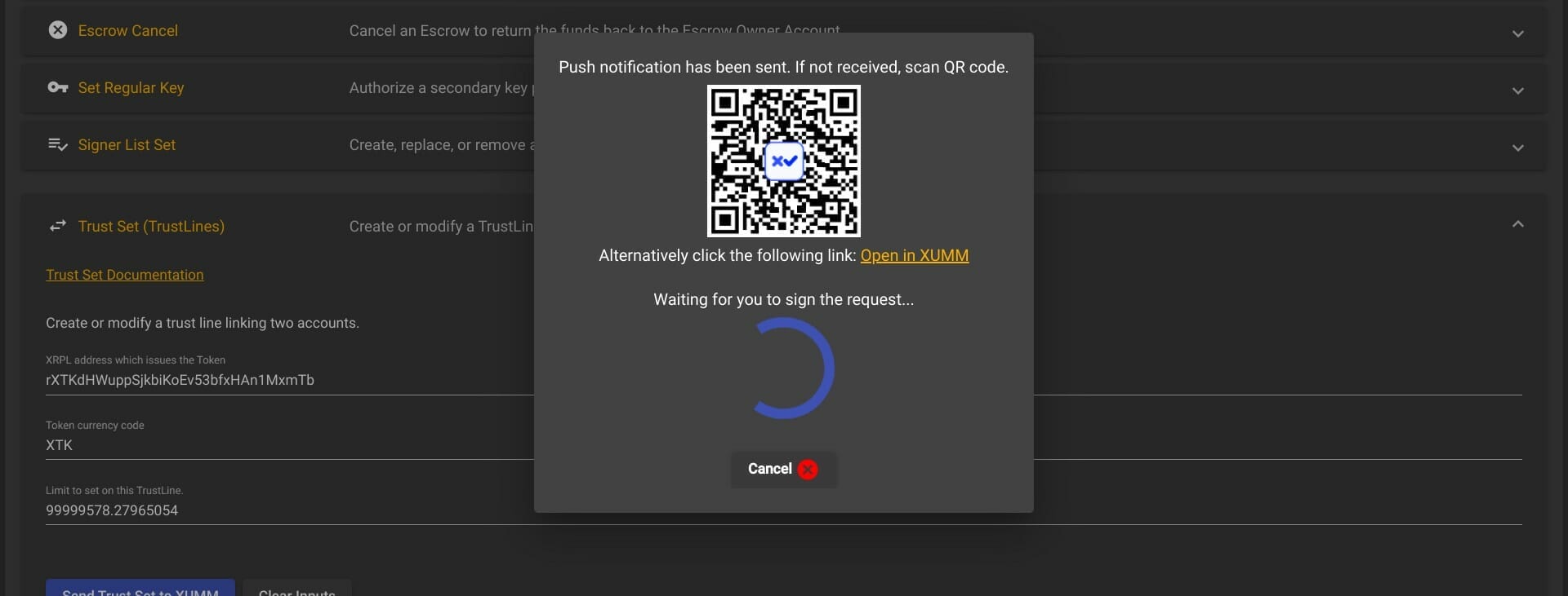 XUMM community:トラストラインを作成中