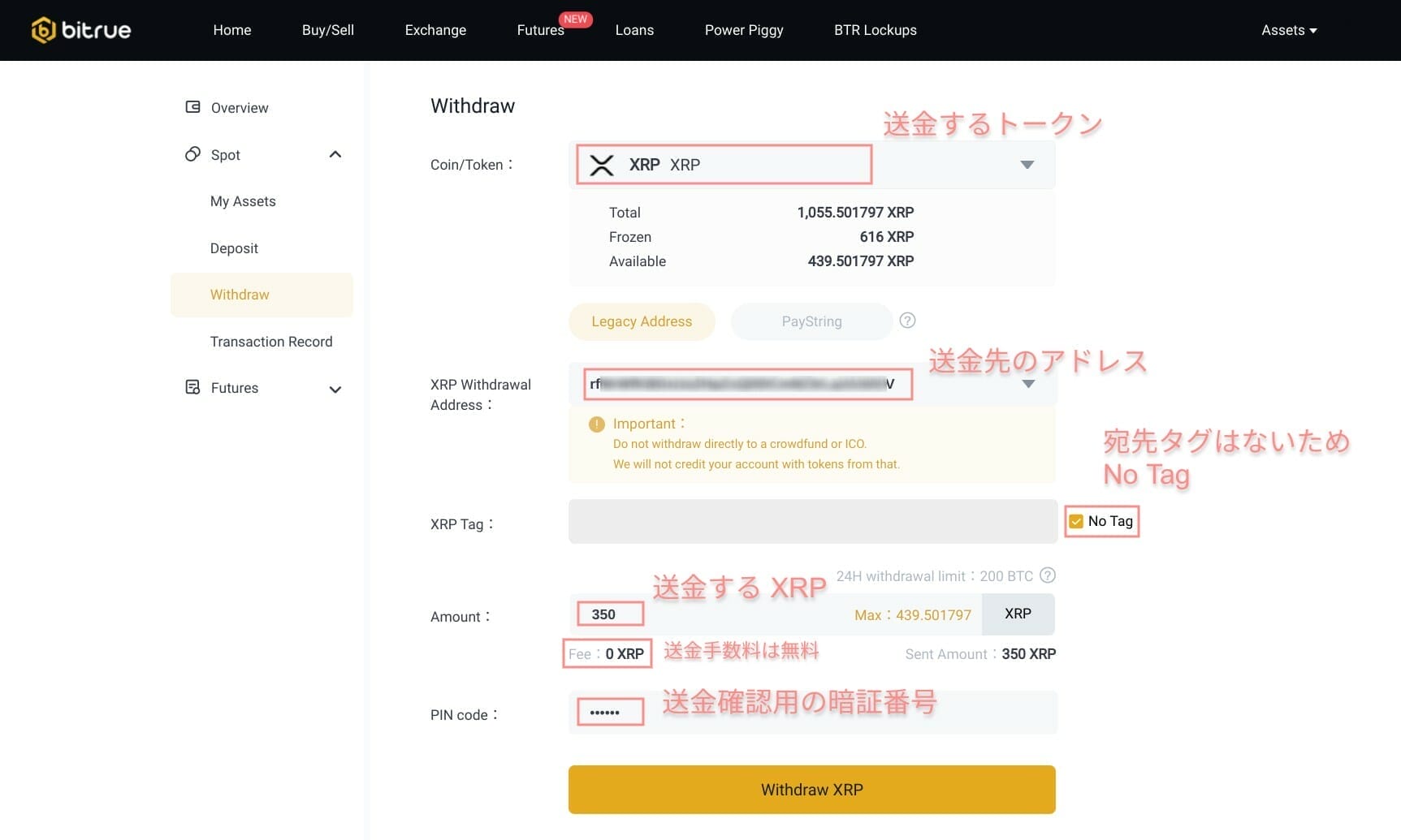 Bitrue：送金フォーム