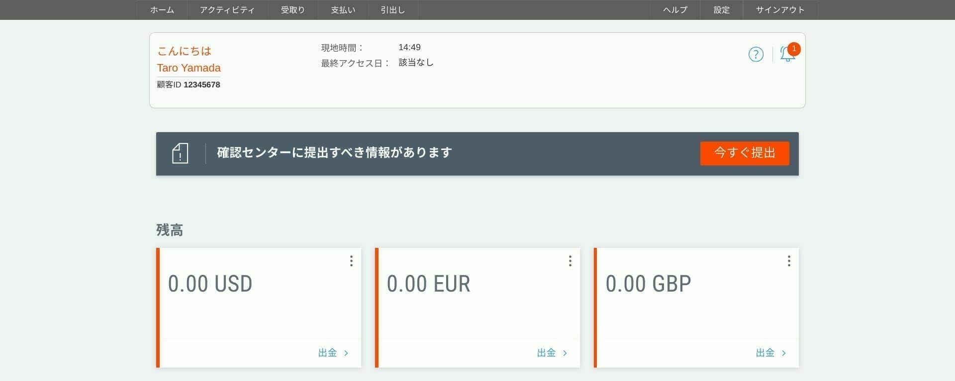 Payoneer:ダッシュボード